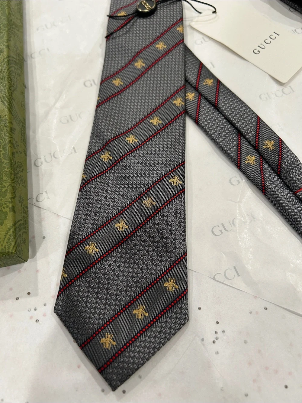 Gucci Gray Silk Stripe Tie with Red Accents and Gold Bee Motif